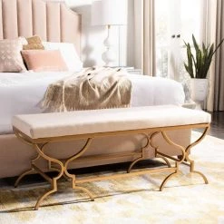 Juliet Off-White/Gold Upholstered Entryway Bench by SAFAVIEH -Safavieh Sales Store beige gold safavieh bedroom benches bch6203a 31 1000