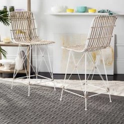 Minerva 23.6 in. Beige/White Wicker Counter Stool (Set of 2) by SAFAVIEH 23 Minerva 23.6 in. Beige/White Wicker Counter Stool (Set of 2) by SAFAVIEH -Safavieh Sales Store brown white safavieh bar stools wik6509c set2 31 1000