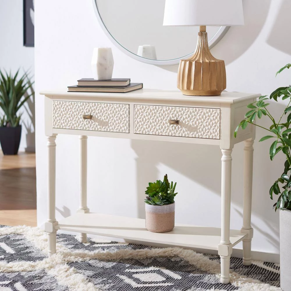 Halton 35.5 in. Rustic White 2-Drawer Console Table by SAFAVIEH 4 Halton 35.5 in. Rustic White 2-Drawer Console Table by SAFAVIEH - Image 2