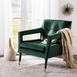 Mara Green/Gold Upholstered Accent Arm Chair by SAFAVIEH -Safavieh Sales Store forest green gold safavieh accent chairs ach4505e 31 1000
