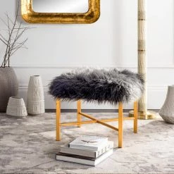 Horace Gray/Gold Faux Sheepskin Bench by SAFAVIEH -Safavieh Sales Store gray gold safavieh bedroom benches fox6267a 31 1000
