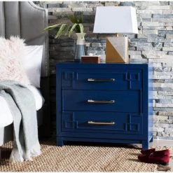 Raina 3-Drawer Blue/Gold Nightstand Chest by SAFAVIEH
