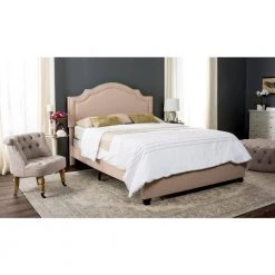 Theron Off-White Queen Upholstered Bed by SAFAVIEH -Safavieh Sales Store light beige silver nailheads safavieh panel beds fox6211b q 31 1000