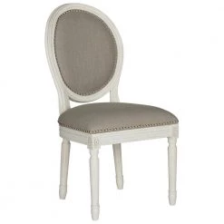 Holloway Light Gray/Cream 19 in. H French Brasserie Linen Oval Side Chair with Silver Nail Heads by SAFAVIEH -Safavieh Sales Store light gray cream safavieh dining chairs fox6228d set2 1f 1000