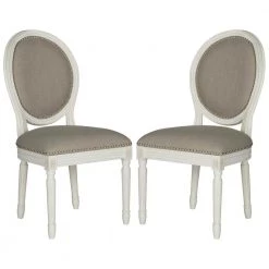 Holloway Light Gray/Cream 19 in. H French Brasserie Linen Oval Side Chair with Silver Nail Heads by SAFAVIEH