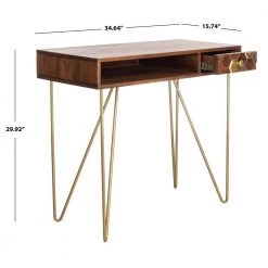 Raveena 34.6 in. Brown/Gold Wood 1-Drawer Writing Desk by SAFAVIEH -Safavieh Sales Store natural safavieh writing desks dsk9002a 77 1000