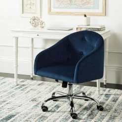 Amy Navy/Chrome Velvet Swivel Office Chair by SAFAVIEH -Safavieh Sales Store navy chrome safavieh task chairs och4500b 31 1000