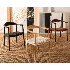 Juneau Brown Faux Leather Rattan Arm Chair by SAFAVIEH -Safavieh Sales Store walnut mahogany wood brown leather safavieh accent chairs ach1003c 77 1000