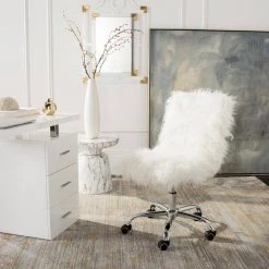 Whitney White/Chrome Faux Sheepskin Swivel Office Chair by SAFAVIEH -Safavieh Sales Store white chrome safavieh task chairs och4505a 31 1000