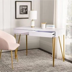 Pine 43.3 in. White/Gold 2-Drawer Writing Desk by SAFAVIEH -Safavieh Sales Store white gold safavieh writing desks fox2238c 31 1000