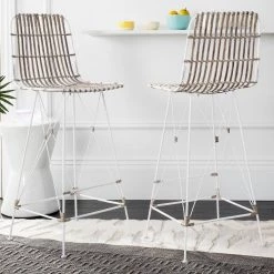 Minerva 29.5 in. Off-White Wicker Bar Stool (Set of 2) by SAFAVIEH -Safavieh Sales Store white safavieh bar stools wik6508c set2 31 1000